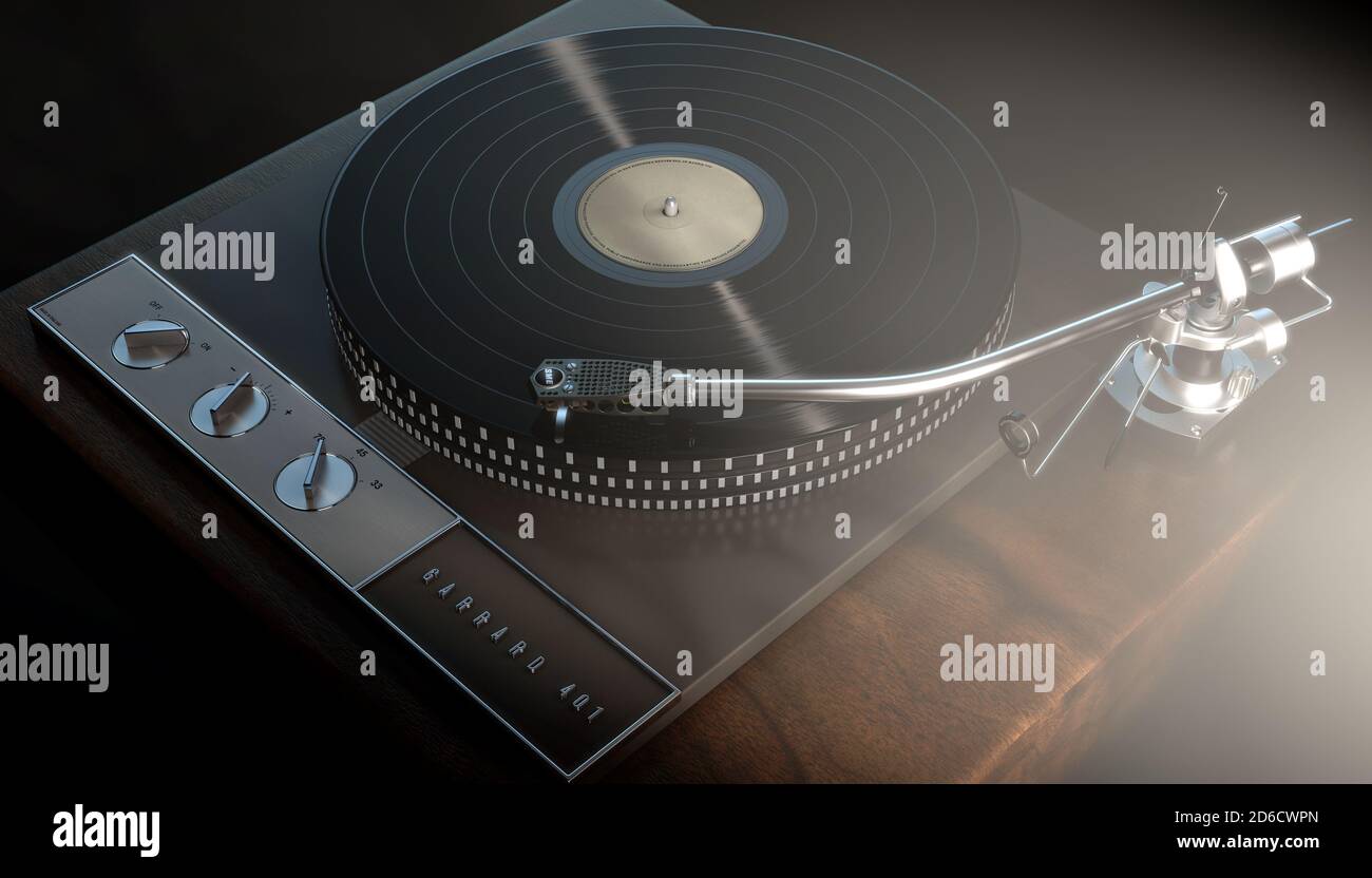 Un ancien disque de garrard 401 jouant un disque de vinyle sur Un arrière-plan sombre rétro-éclairé et sombre - rendu 3D Banque D'Images