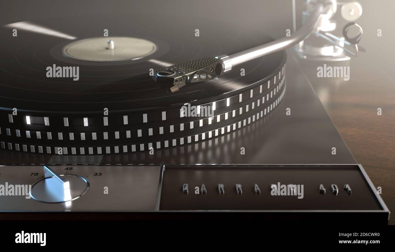 Un ancien disque de garrard 401 jouant un disque de vinyle sur Un arrière-plan sombre rétro-éclairé et sombre - rendu 3D Banque D'Images