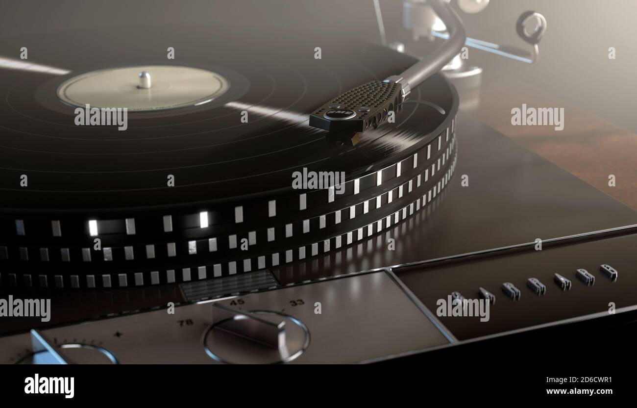 Un ancien disque de garrard 401 jouant un disque de vinyle sur Un arrière-plan sombre rétro-éclairé et sombre - rendu 3D Banque D'Images