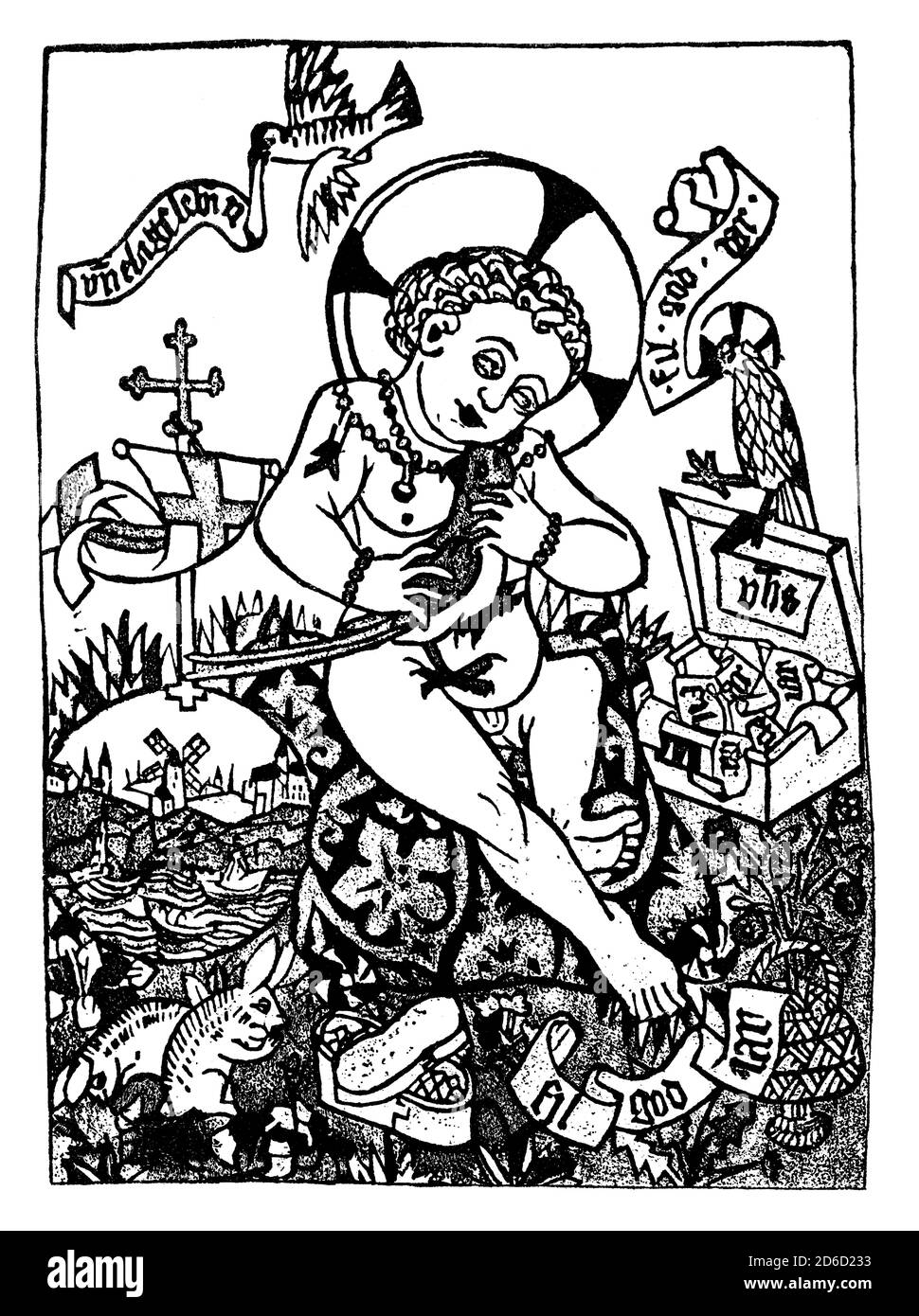 Le Christ-enfant avec un oiseau, salutation du nouvel an, gravure en bois, 1470 Banque D'Images