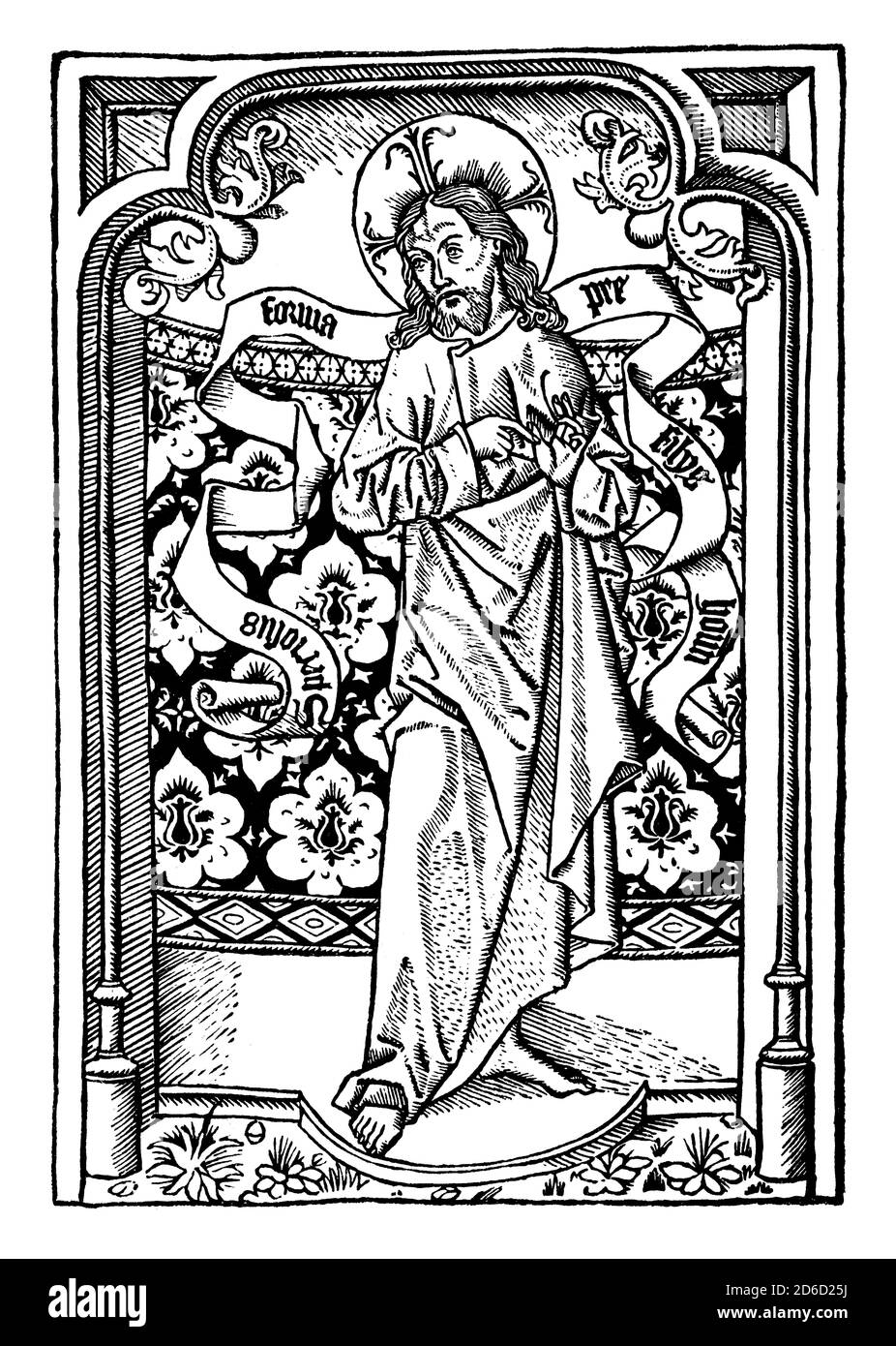 Jésus Christ dans une arche gothique, gravure en bois, 1480 Banque D'Images