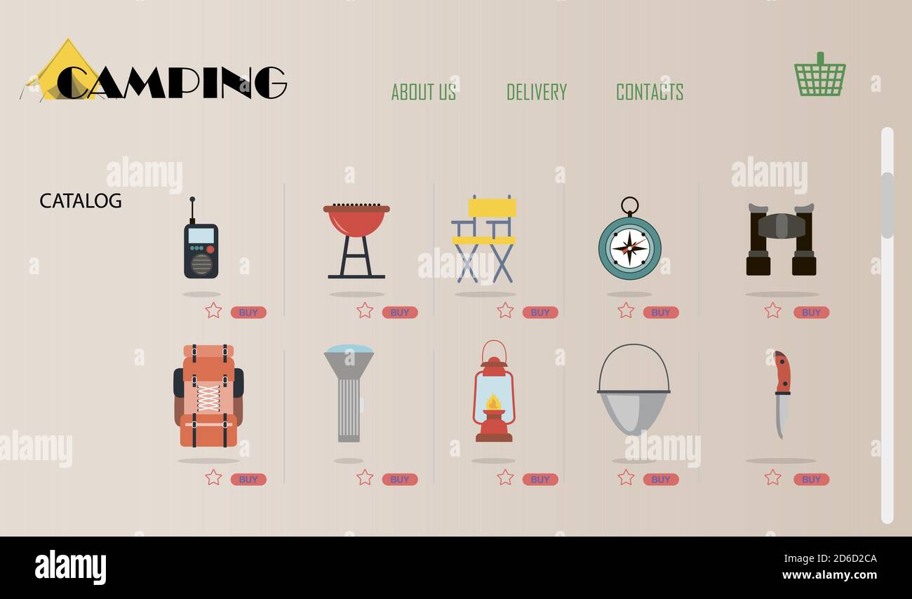 écran d'ordinateur portable avec une boutique en ligne d'équipement de camping et d'alpinisme. Illustration plate du site avec les produits et leur livraison à la maison de l'acheteur. Une application pour smartphone ou un site Web qui vend tout pour une randonnée. Des publicités sur la page d'accueil de votre hobby et une boîte de livraison sur votre ordinateur portable. Illustration de Vecteur
