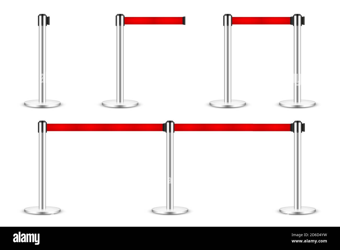 Panneau amovible à vecteur réaliste. Poteaux de barrière de contrôle de la  foule avec sangle de mise en garde. Lignes de file d'attente. Bordure de  restriction et ruban de danger Image Vectorielle