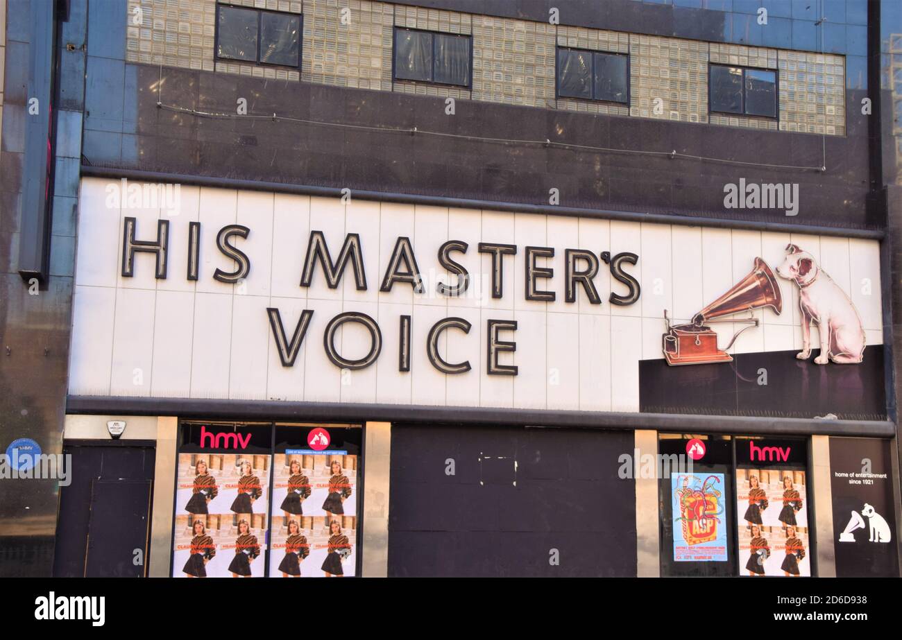 Détail de HMV Oxford Street, magasin phare de Londres, qui a fermé définitivement en 2019. Banque D'Images
