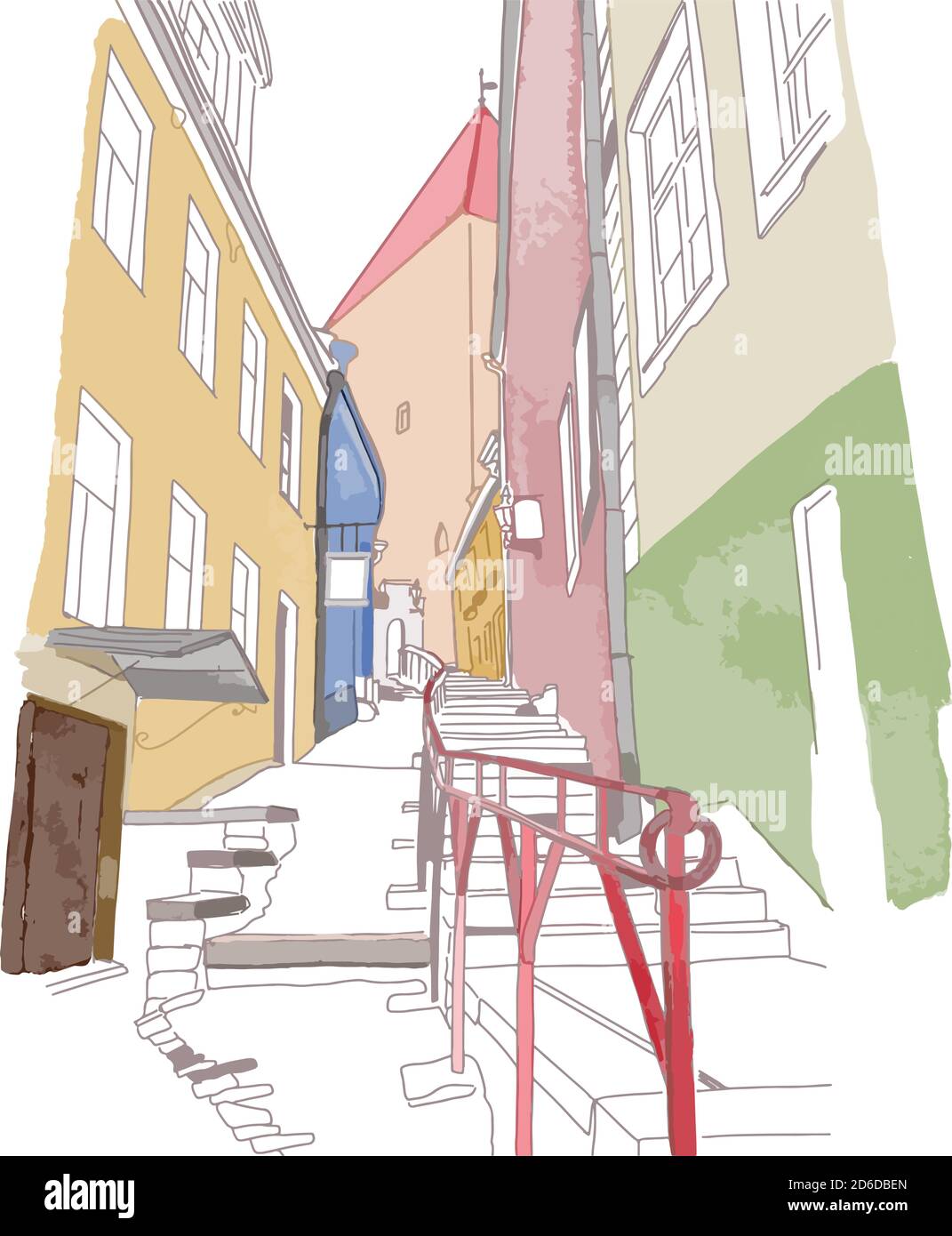 Croquis coloré de la rue étroite dans la vieille ville Illustration de Vecteur