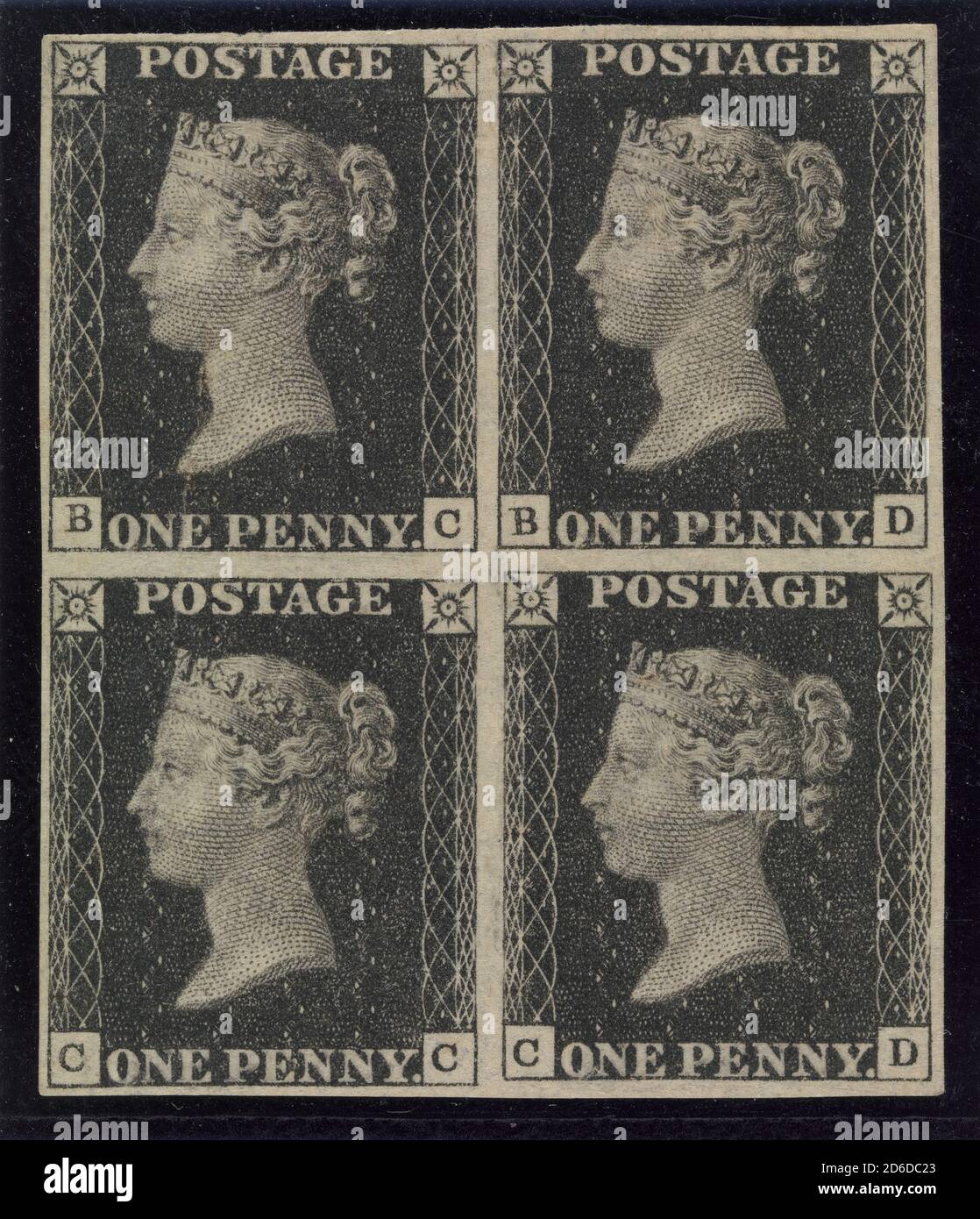 Bloc inutilisé de quatre timbres-poste « Penny Black » de la reine Victoria, émis le 6 mai 1840. Banque D'Images