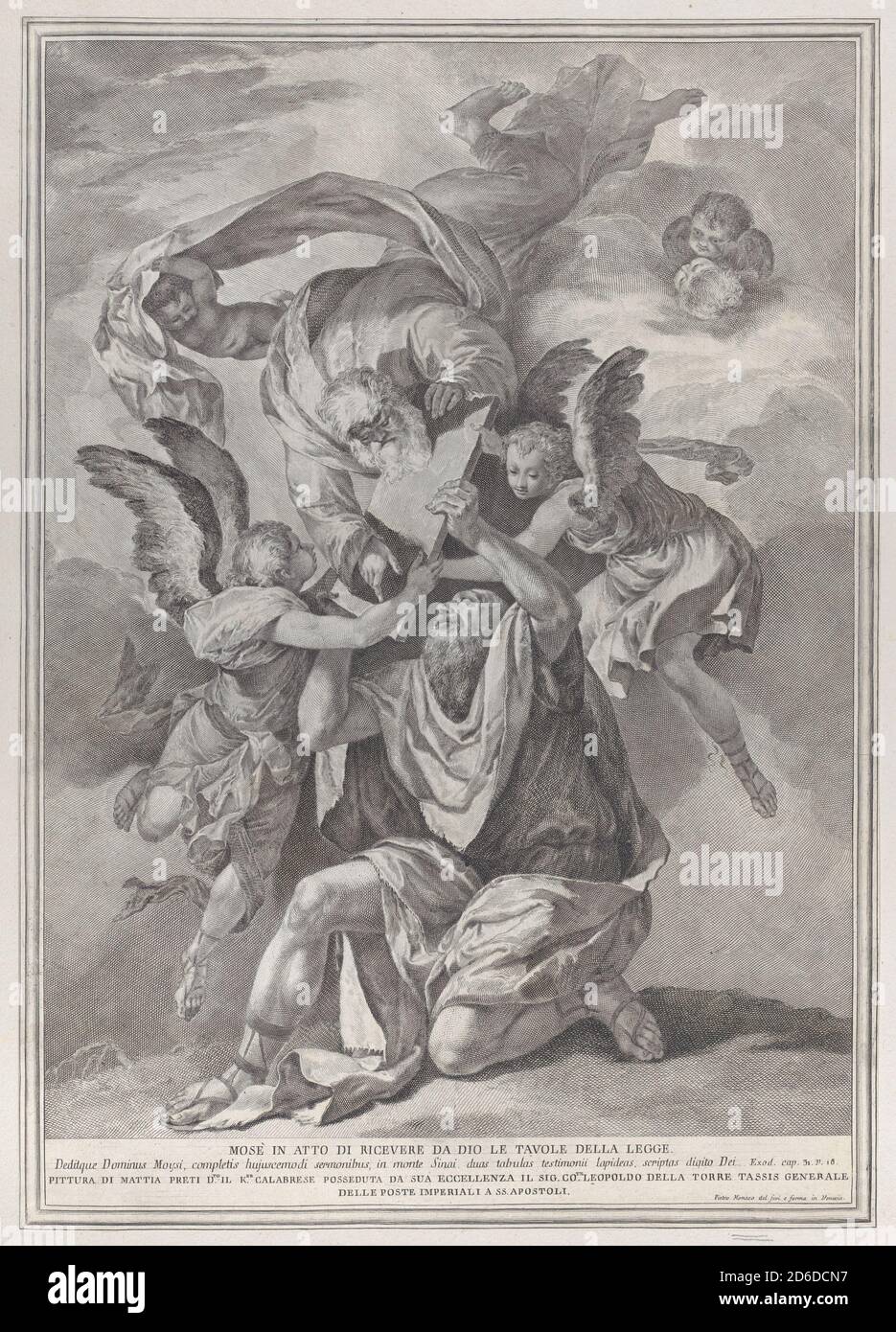 Moïse recevant les tablettes de la Loi de Dieu qui descend des cieux; de la série de 112 reproductions de l'histoire sacrée, après la peinture de Mattia Perti, ca. 1730-39. Banque D'Images