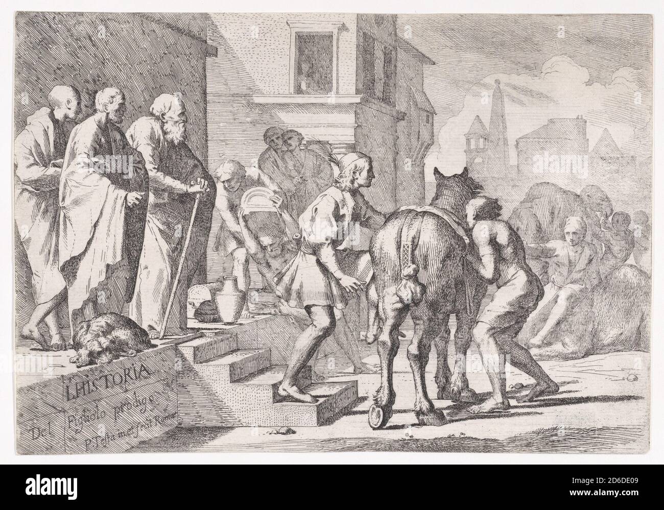 Le départ du fils prodigue, montré sur le point de monter un cheval, d'une série de quatre empreintes, ca. 1645. Banque D'Images Le départ du fils prodigue, montré sur le point de monter un cheval, d'une série de quatre empreintes, ca. 1645. Banque D'Images