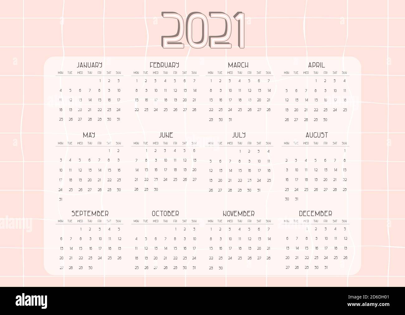 Calendrier des dates Cute Pink de janvier à décembre à partir du lundi Au dimanche pour 2021 ans Illustration de Vecteur