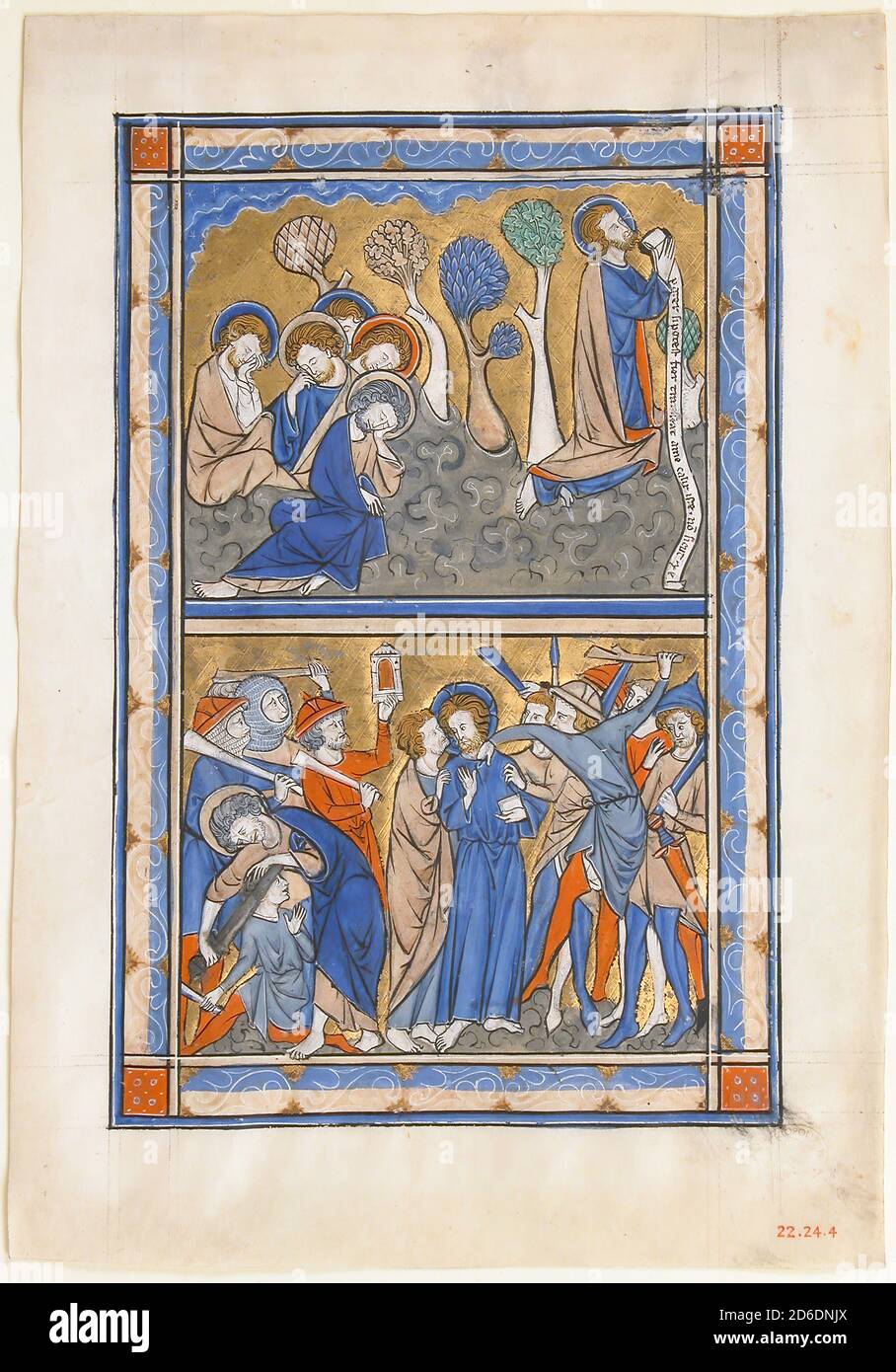 Manuscrit feuille avec l'agonie dans le jardin et trahison du Christ, d'un Psalter royal, britannique, ca. 1270. Psalter fait pour un monarque anglais, probablement la reine Eleanor de Provence (ca. 1223-1291), Banque D'Images