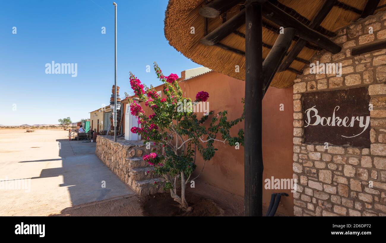 Une excursion en jeep à travers la Namibie, la faune, le pays et les gens. Boulangerie à Solitaire, façade extérieure Banque D'Images