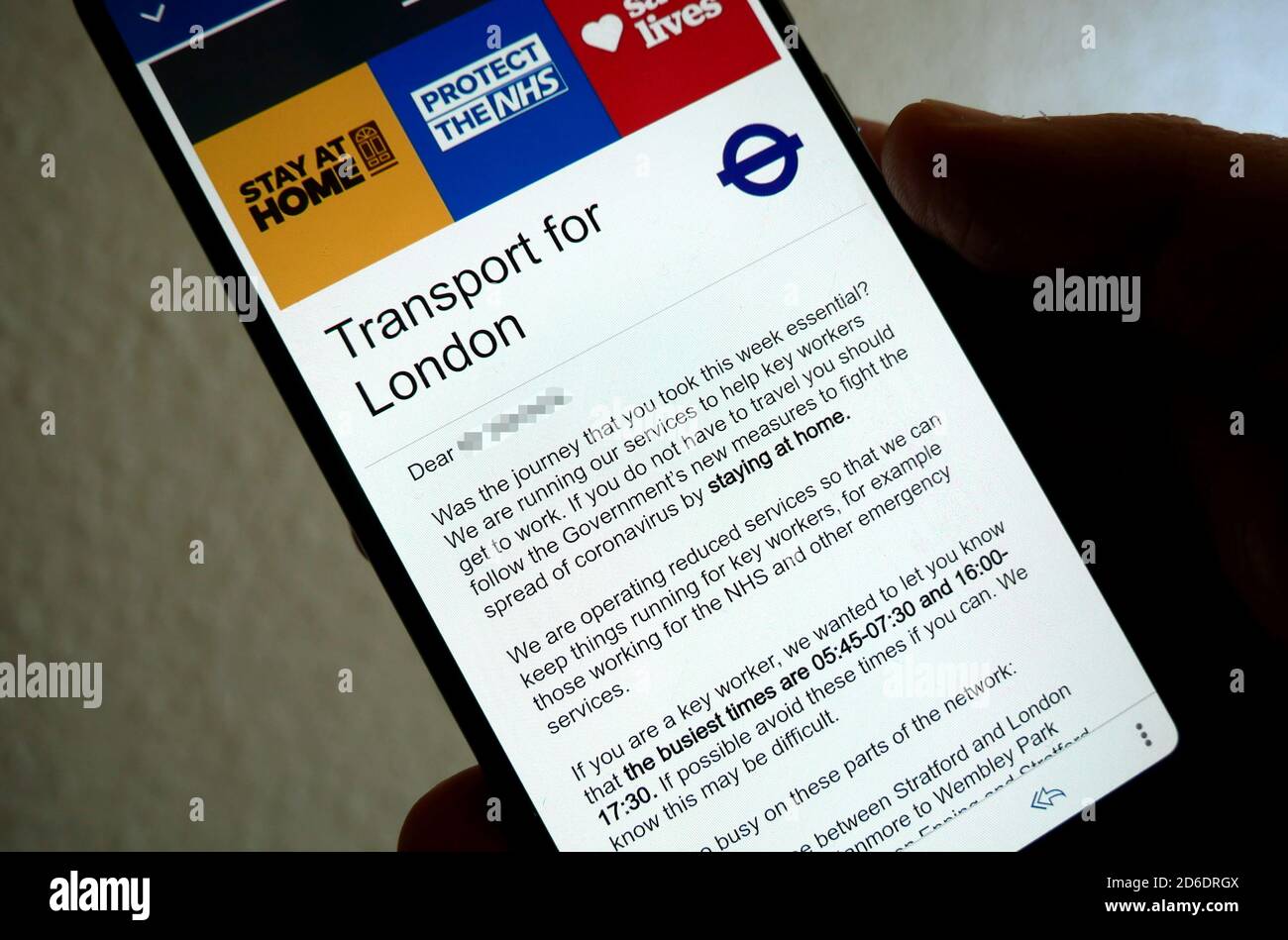 Un e-mail envoyé par transport for London à toute personne qui a voyagé depuis l'annonce du confinement par le Premier ministre Boris Johnson sous le nom de Sean O'Callaghan, Banque D'Images