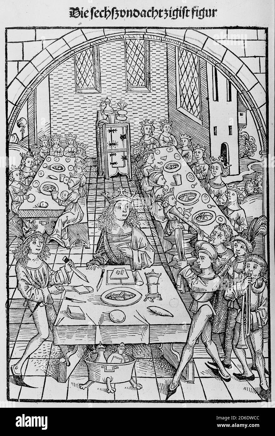 Der Schatzbehalter oder Schrein der waren reicht&#xfc;mer des heils unnd ewyger seligkeit, 1491. [Roi et grands lits lors d'un banquet]. Banque D'Images