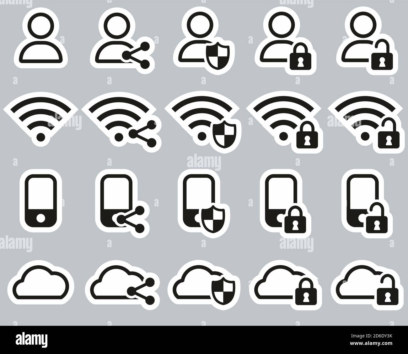 Icône protection des données et sécurité des données autocollant noir et blanc Définir grand Illustration de Vecteur