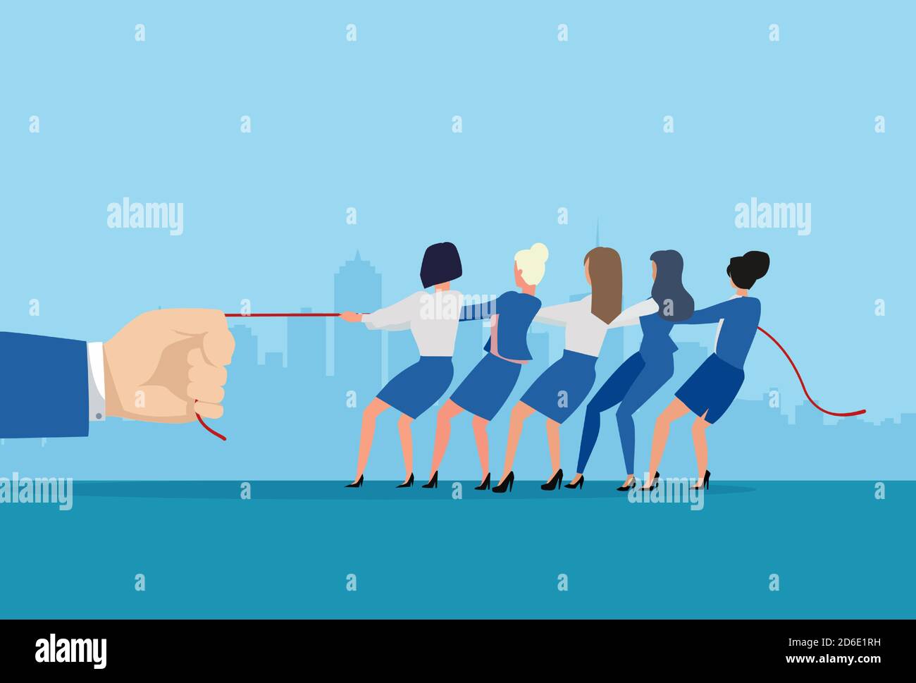 Vecteur d'un groupe de femmes d'affaires tirant une corde avec un grand homme d'affaires Illustration de Vecteur
