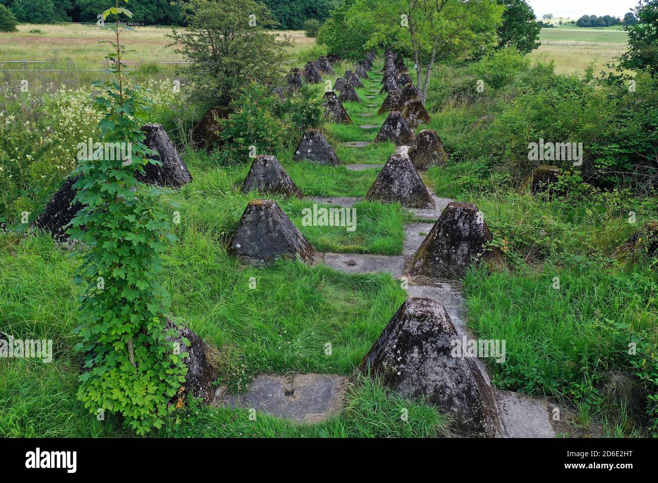 Höckerlinie, barrière anti-char de l'ancien mur ouest près de Mettlach-Orscholz, Saargau, Sarre, Allemagne Banque D'Images