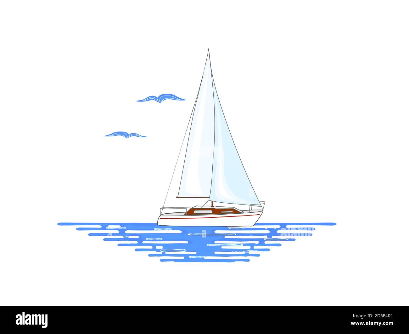 Bateau à voile blanc avec une bande rouge sur le côté, sur la surface de l'eau. Oiseaux volants. Illustration isolée sur fond blanc. Banque D'Images