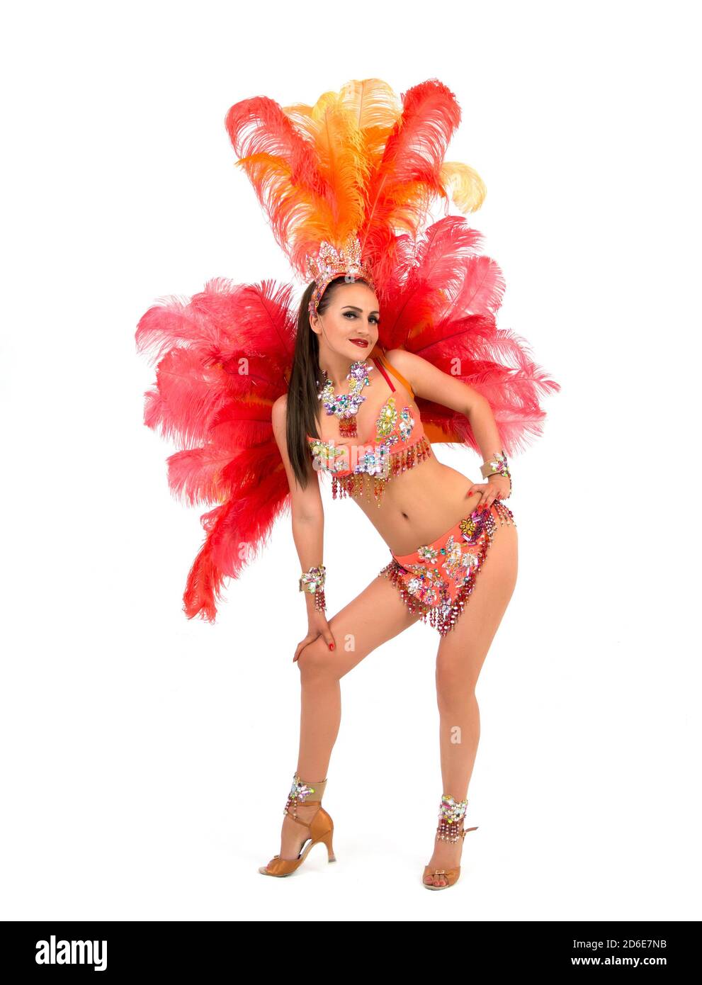 Danseuse de samba se posant dans un costume coloré Banque D'Images Danseuse de samba se posant dans un costume coloré Banque D'Images