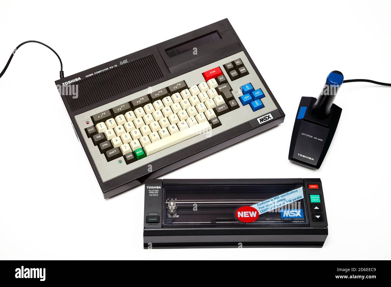 Toshiba HX 10 Home Computer exécutant le logiciel Microsoft MSX et Joystick avec imprimante Plotter HX-P570 pour la première fois dans les années 1980 Banque D'Images