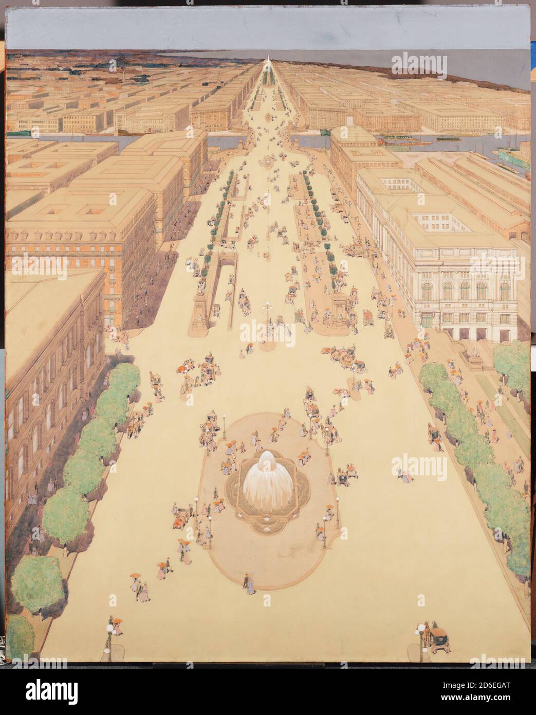 Aquarelle du boulevard proposé pour relier les côtés nord et sud de la rivière Chicago, peinte par Jules Guerin pour le Plan de Chicago, 1909. Banque D'Images