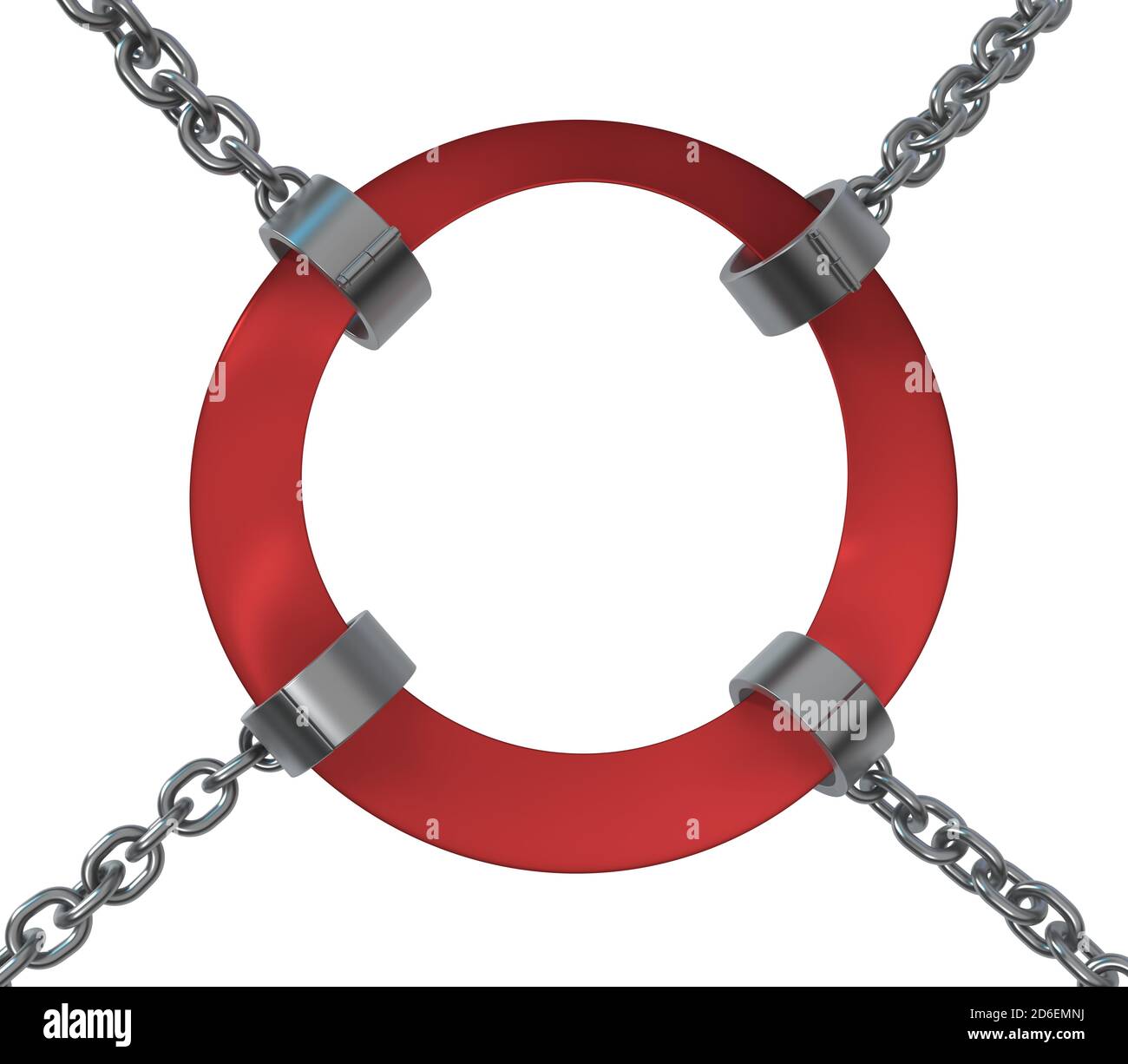 Ruban rouge manilles anneau signe de maintien, chaîne métal 3d illustration, isolé, horizontal, sur blanc Banque D'Images