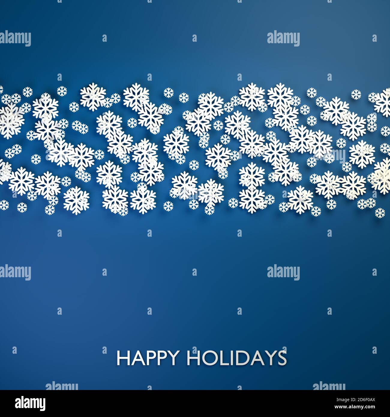 Noël - concept de vacances heureux. Motif flocons de neige blancs sur fond bleu classique. Texte « Happy Holidays » en bas Banque D'Images