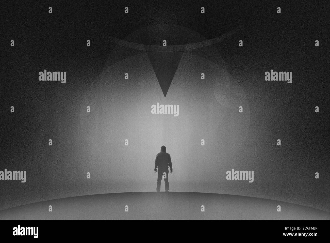 Un concept graphique d'un homme debout, regardant le ciel avec des formes géométriques. Avec un montage granuleux et bruyant Banque D'Images