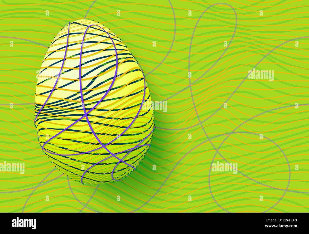 Oeuf de Pâques jaune formé de bandes de couleur, sur fond vert avec des lignes courbes Banque D'Images