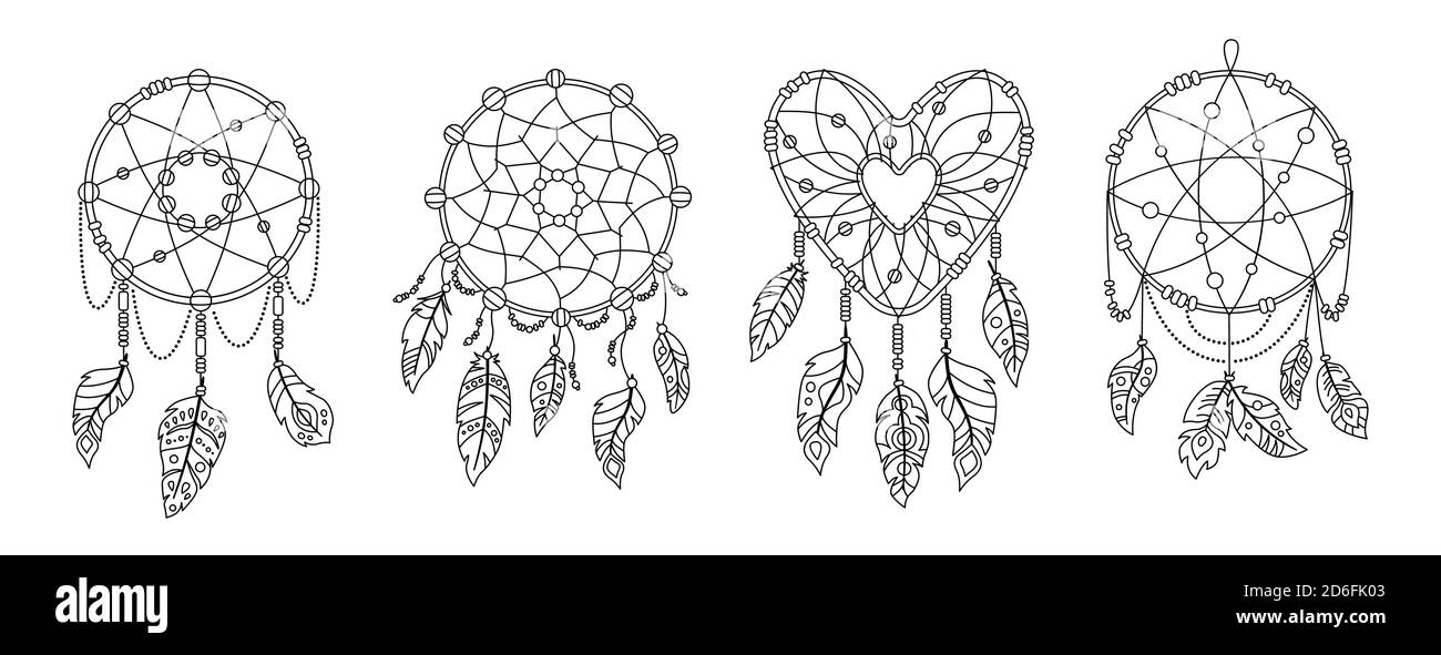 Boho dreamcatcher avec plumes ensemble de contour noir. Design ethnique, chic boho. Plume d'oiseau, talisman doux rêve dessiné à la main. Conception indienne amérindienne. Vecteur bohème ethnique Illustration de Vecteur