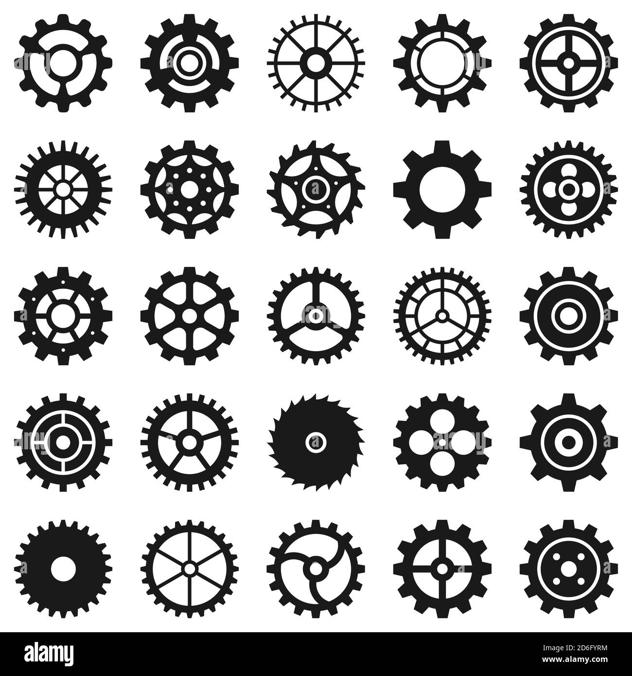 Engrenages. Roues dentées de transmission et engrenages de machine, mécanisme technique, moteur d'ingénierie, icônes de silhouette noires de bouton APP, ensemble vectoriel Illustration de Vecteur