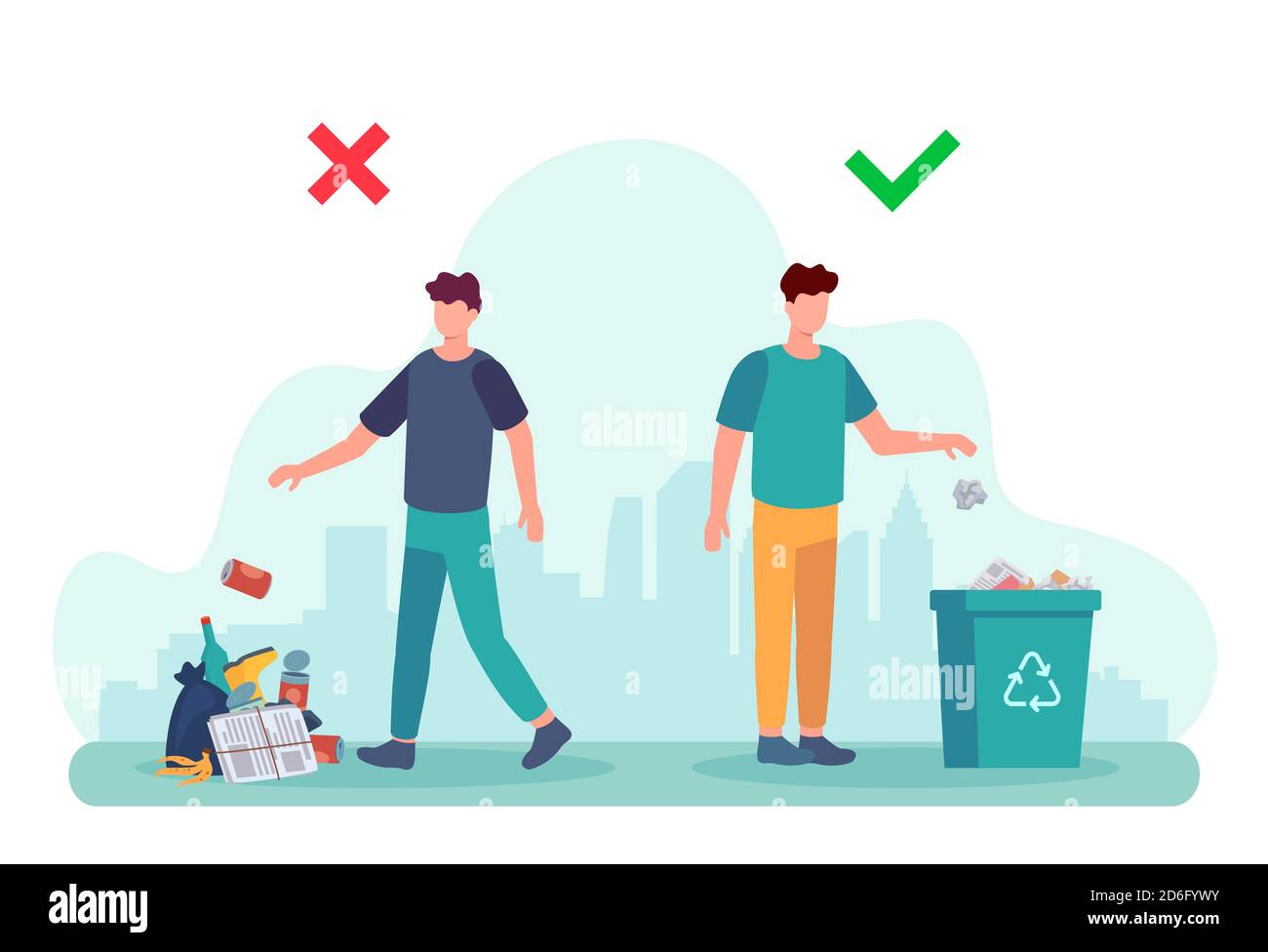 Comportement de littering. Infographie illustrant des exemples corrects et erronés de rejet de déchets. Illustration de la mise au rebut des déchets par un homme dans un conteneur Illustration de Vecteur