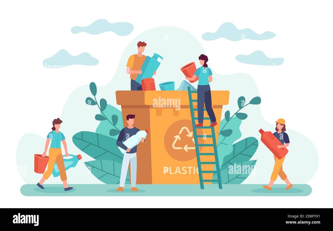 Recyclage des déchets. Les gens respectueux de l'environnement jettent les déchets dans le bac de recyclage. Écologie style de vie, déchets plastiques et concept de vecteur zéro déchet Illustration de Vecteur