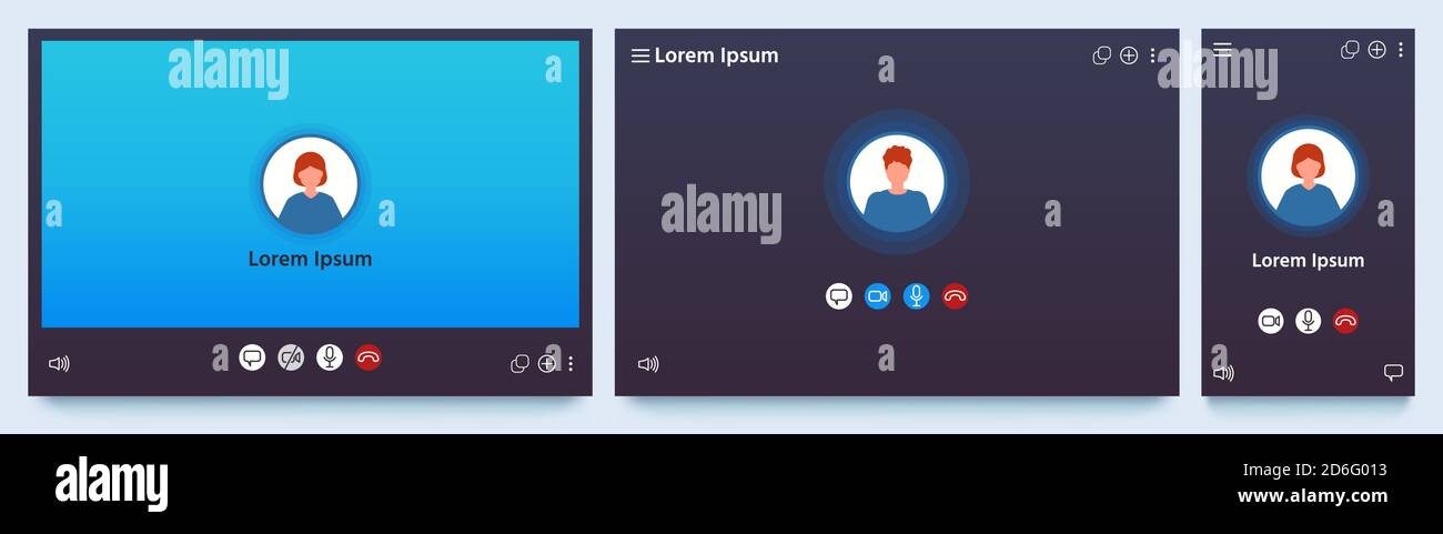 Interface d'appel vidéo. Maquette d'écran d'interface utilisateur de chat Web. Application pour les appels et les conférences en ligne. Ensemble de vecteurs de fenêtres de communication Illustration de Vecteur