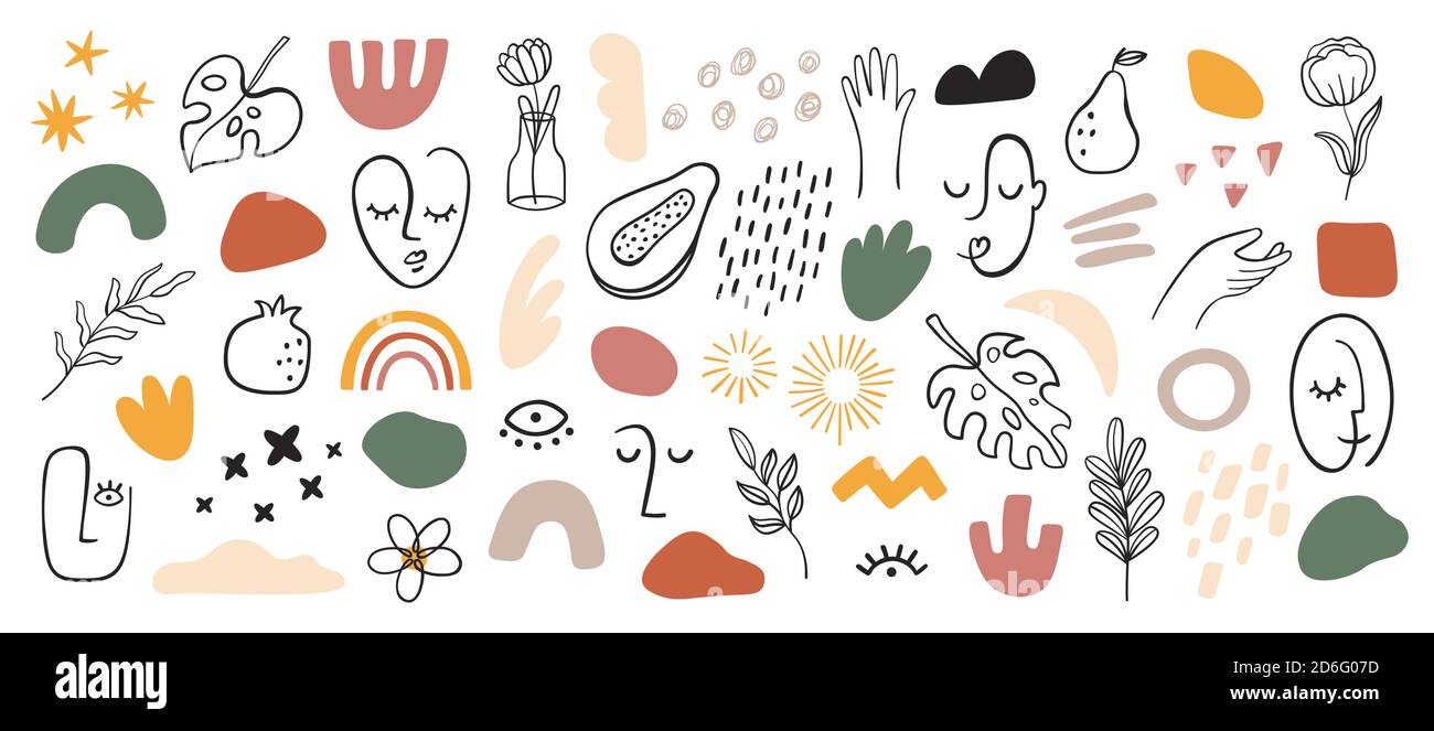 Faces abstraites. Portrait de femme minimaliste, formes de mode modernes. Ligne continue. Ensemble vectoriel de fleurs, de feuilles et de mains dessinées à la main Illustration de Vecteur