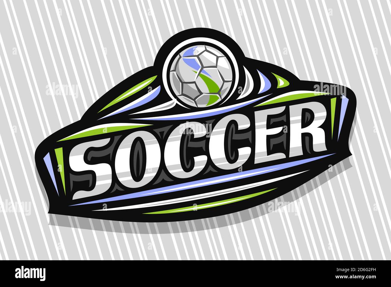 Logo Vector pour Soccer Sport, emblème Dark Modern avec illustration du ballon volant dans le but, lettrage unique pour le football de mot gris, signe sportif avec déc Illustration de Vecteur