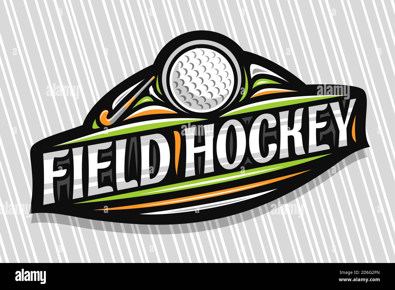 Logo Vector pour Field Hockey Sport, emblème moderne avec illustration du ballon volant dans le but, lettrage unique pour les mots gris de hockey sur gazon, signe sportif Illustration de Vecteur