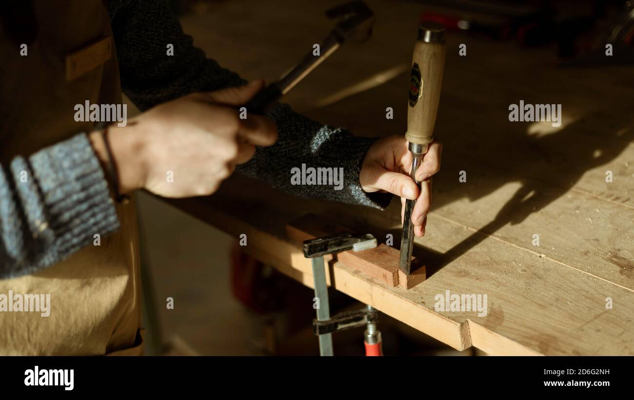 Gros plan des mains de charpentier travaillant avec un marteau dans un petit atelier de menuiserie. Jeune femme travailleuse de bois travaillant sur un morceau de bois pour une nouvelle maison d Banque D'Images