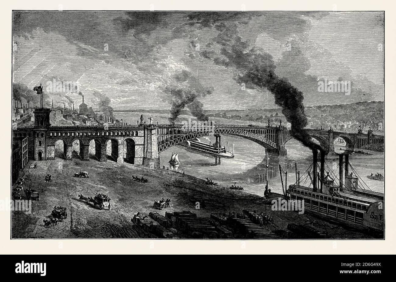 Une ancienne gravure du pont EADS, une route et un pont ferroviaire au-dessus du fleuve Mississippi reliant les villes de St Louis, Missouri et East St Louis, Illinois, Etats-Unis. Il est issu d'un livre victorien d'ingénierie mécanique des années 1880. Le pont porte le nom de son designer James Buchanan EADS. Ouvert en 1874, EADS Bridge est aujourd'hui le plus ancien pont de la rivière. Une grande partie du pont est en fer forgé, mais les principaux composants porteurs étaient en acier. Le pont routier transporte maintenant des véhicules et des piétons. L'ancien pont ferroviaire ci-dessous porte maintenant le système de train léger de Saint-Louis Metrolink. Banque D'Images