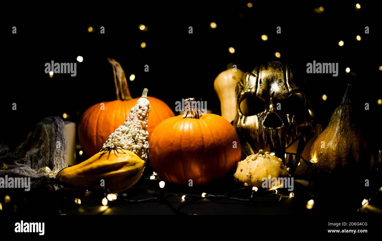 Halloween citrouille dans un paysage effrayant d'automne la nuit. Citrouilles, masque effrayant, lumières, araignées et toile d'araignée. Banque D'Images