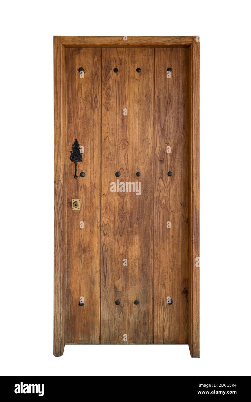 Une porte en bois rustique isolée sur fond blanc Banque D'Images