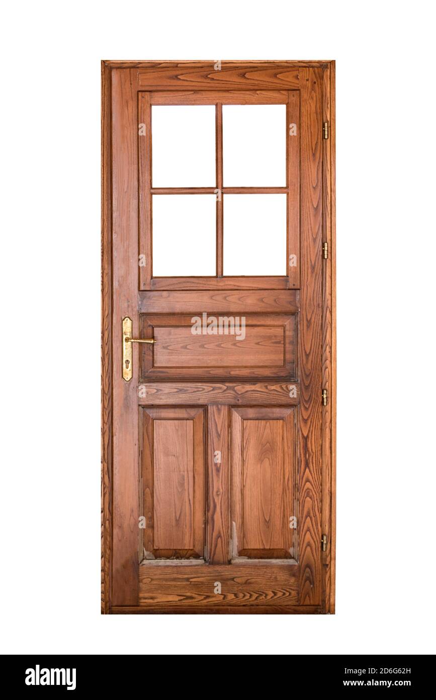 Porte en bois avec fenêtre vitrée isolée sur fond blanc Banque D'Images