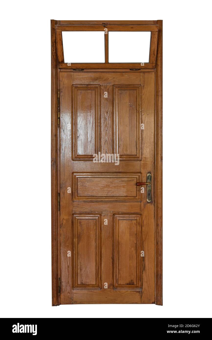 Une porte en bois avec une fenêtre sur elle isolée arrière-plan blanc Banque D'Images