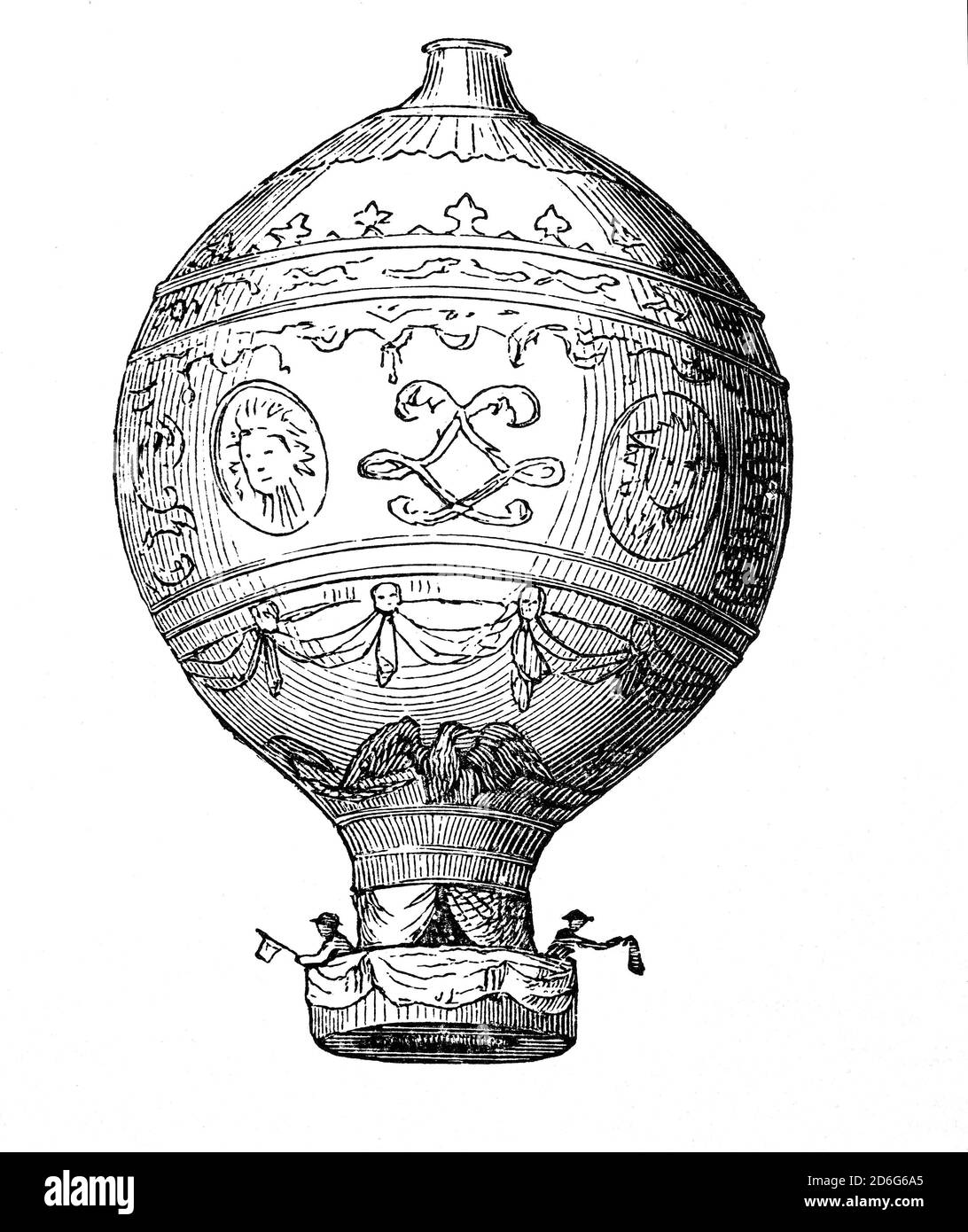 Un ballon Rozière est un ballon hybride qui possède des chambres séparées pour un gaz de levage non chauffé (par exemple, hydrogène ou hélium) ainsi que pour un gaz de levage chauffé utilisé dans un ballon à air chaud. Il a l'avantage d'un contrôle partiel de la flottabilité avec beaucoup moins d'utilisation de carburant qu'un ballon d'air chaud typique. Le dessin a été créé par Jean-François Pilatre de Rozier (1754–1785) qui est décédé lorsque le ballon a pris feu, s'est soudainement dégonflé et s'est écrasé en tentant de traverser la Manche le 15 juin 1785. Banque D'Images