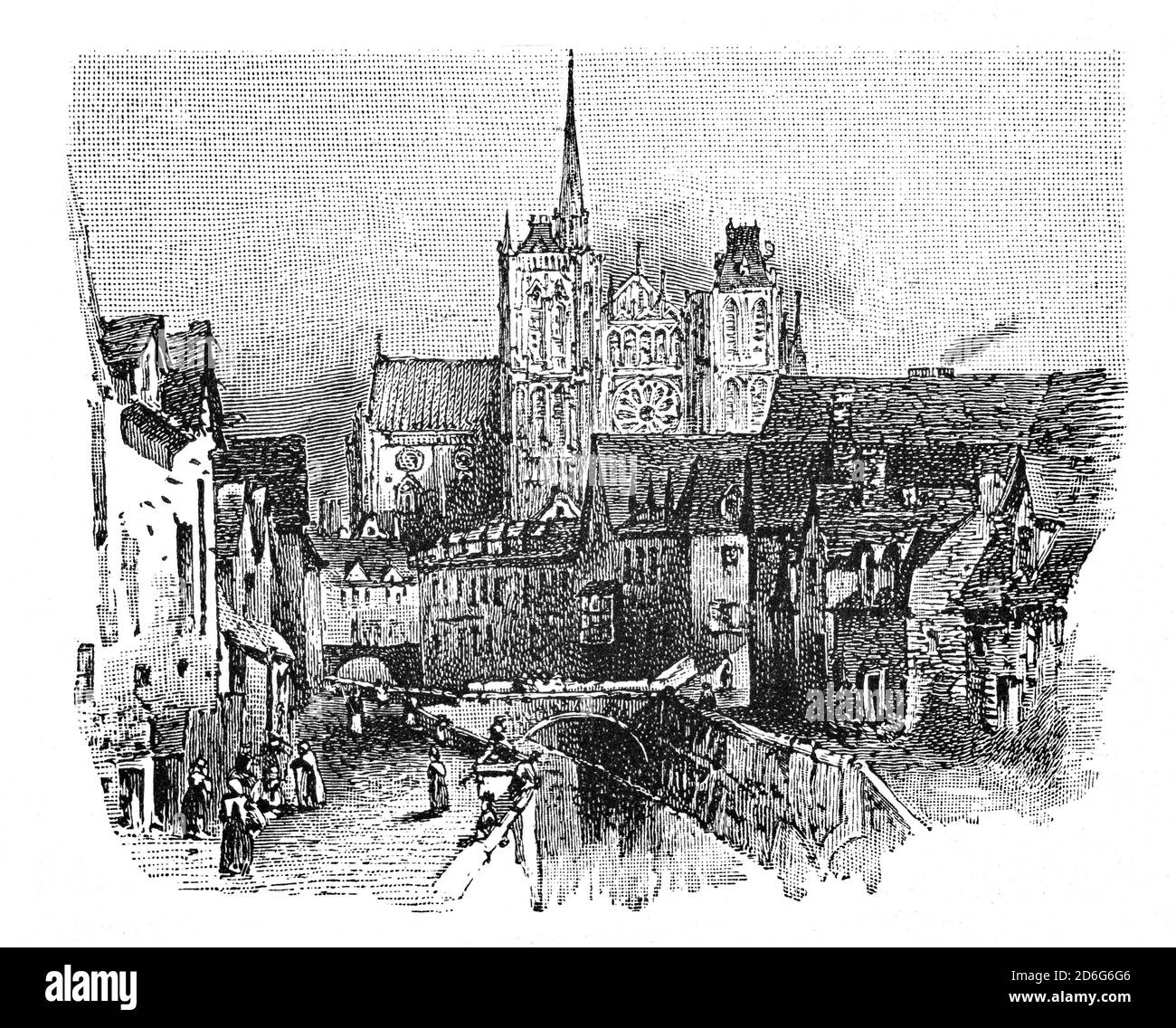 Vue de la fin du XIXe siècle sur la somme passant par Amiens, ville et commune du nord de la France, et capitale du département de la somme dans les hauts-de-France. Sa cathédrale est la plus grande église de France en volume. L'auteur Jules Verne a vécu à Amiens de 1871 jusqu'à sa mort en 1905, et a siégé au conseil municipal pendant 15 ans. Banque D'Images