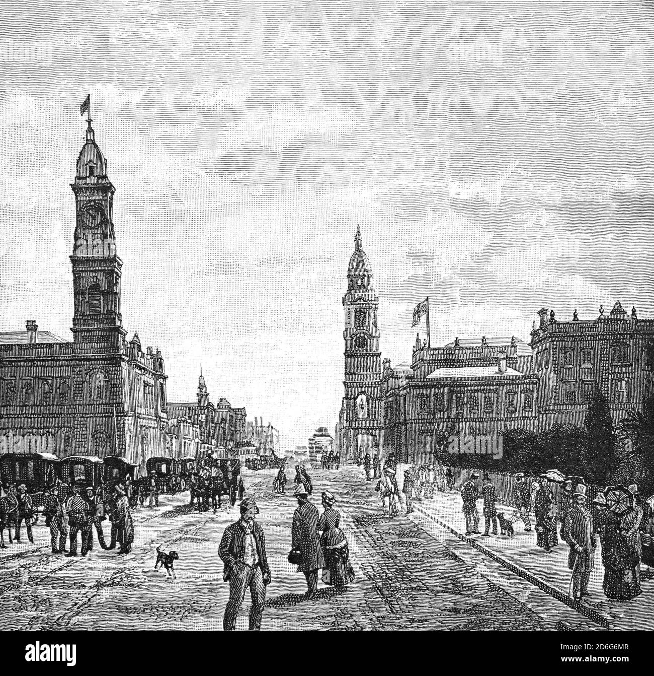 Vue de la fin du XIXe siècle sur King William Street, la route principale qui traverse le centre d'Adélaïde, en Australie. C'est la rue principale la plus large de toutes les villes de la capitale de l'État australien, elle porte le nom du roi William IV en 1837. Le bureau de poste général c1890, avec sa tour de l'horloge connue sous le nom de « Victoria Tower », est visible sur la gauche. Banque D'Images