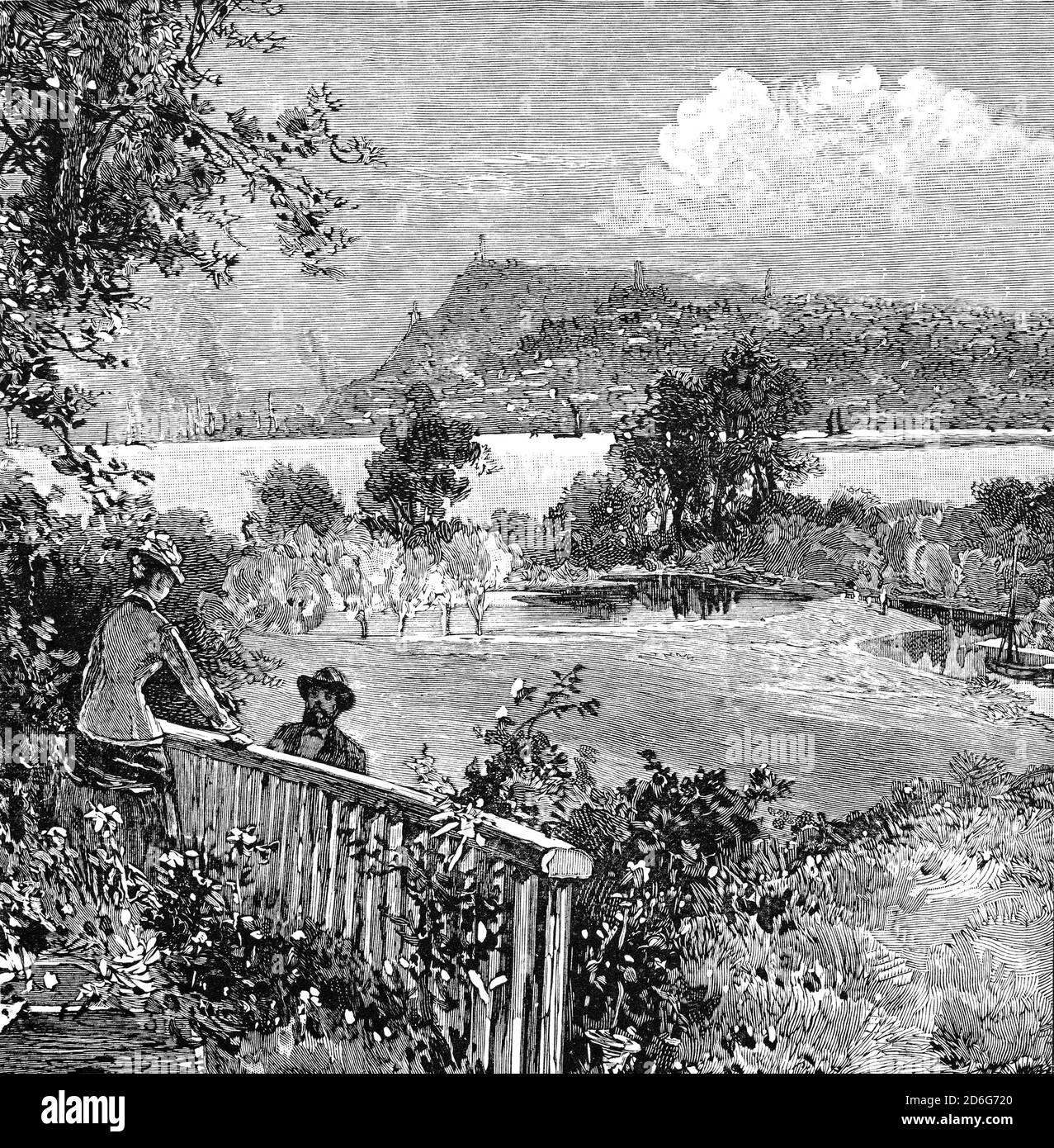 Un couple du XIXe siècle bénéficie de la vue du Vieux Manoir de Beauport, de l'autre côté du fleuve Saint-Laurent jusqu'au Québec, l'une des treize provinces et territoires du Canada. Banque D'Images