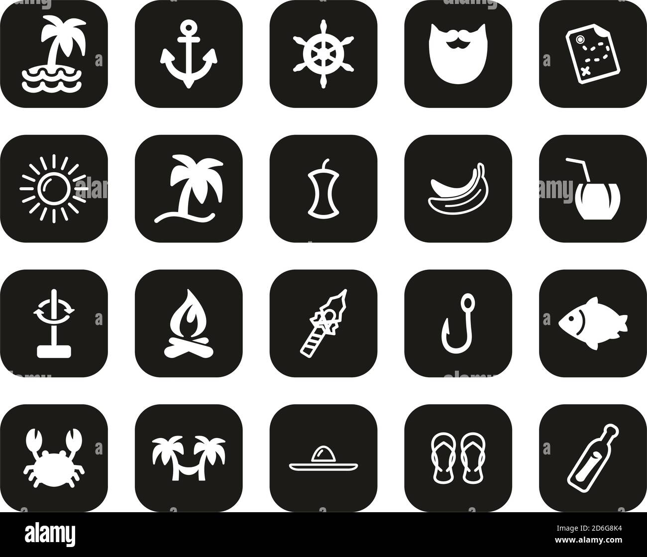 Desert Island Icons White sur Black Flat Design Set Big Illustration de Vecteur