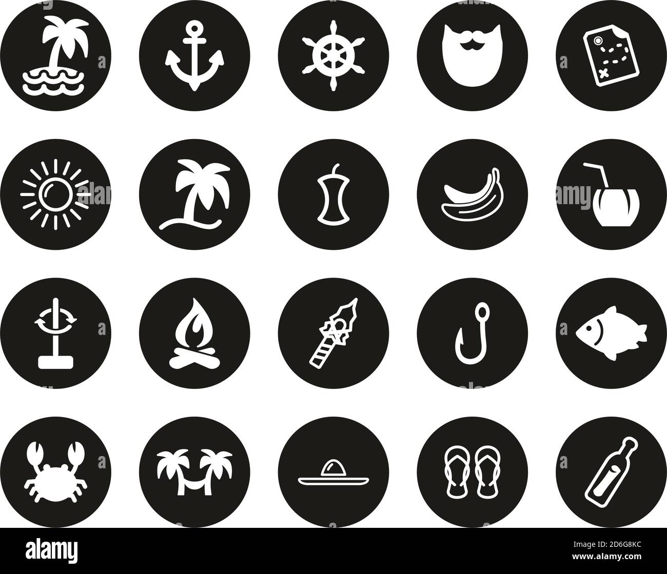 Desert Island Icons White sur Black Flat Design Circle Set Grande Illustration de Vecteur