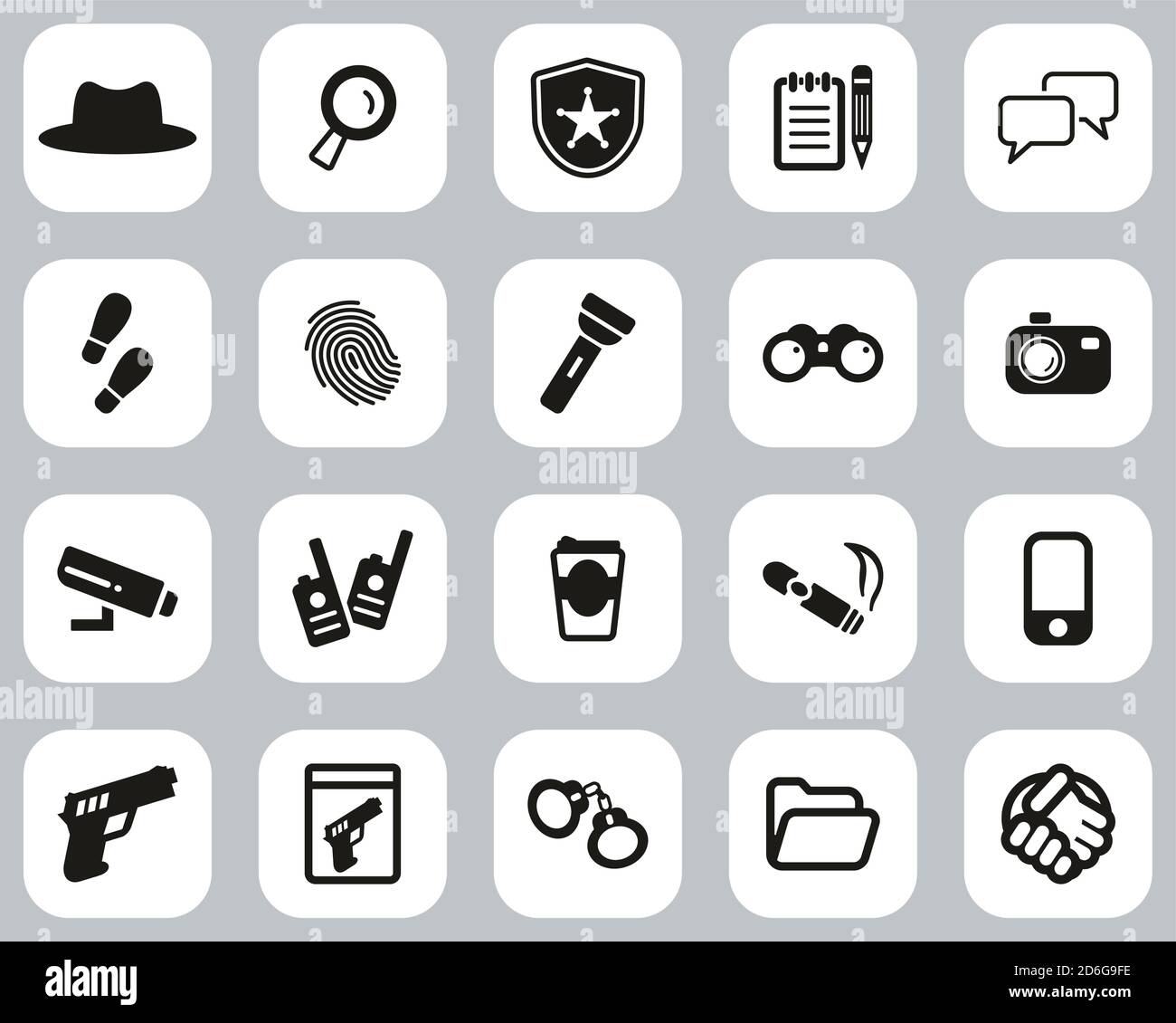 Icônes détectives ou privées motif plat noir et blanc Définir grand Illustration de Vecteur