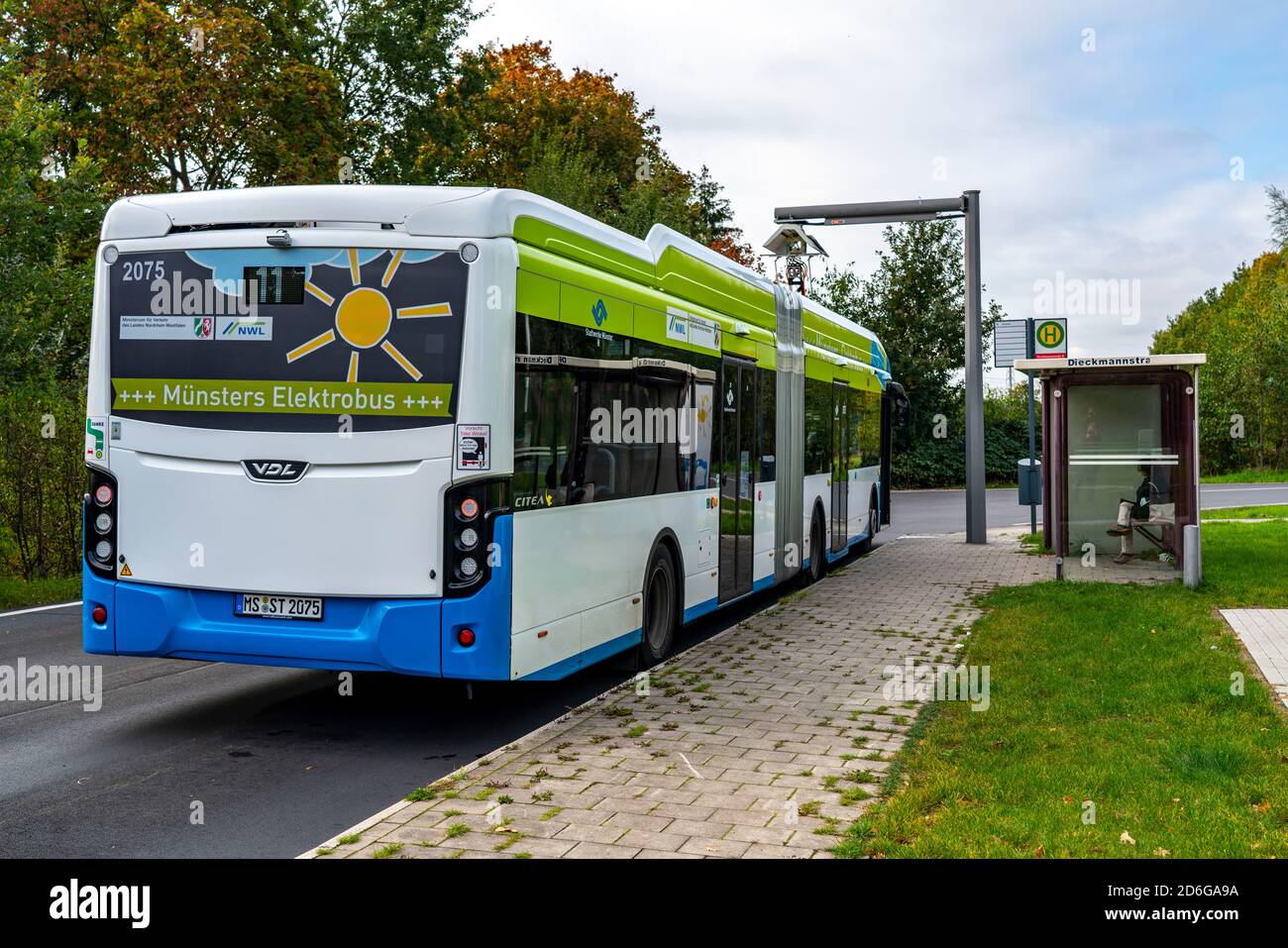 Bus électrique de Stadtwerke Münster, à une station de charge rapide, arrêt de bus, point de tournant Dieckmannstrasse à Münster Gievenbeck, 16 E-bus courant Banque D'Images